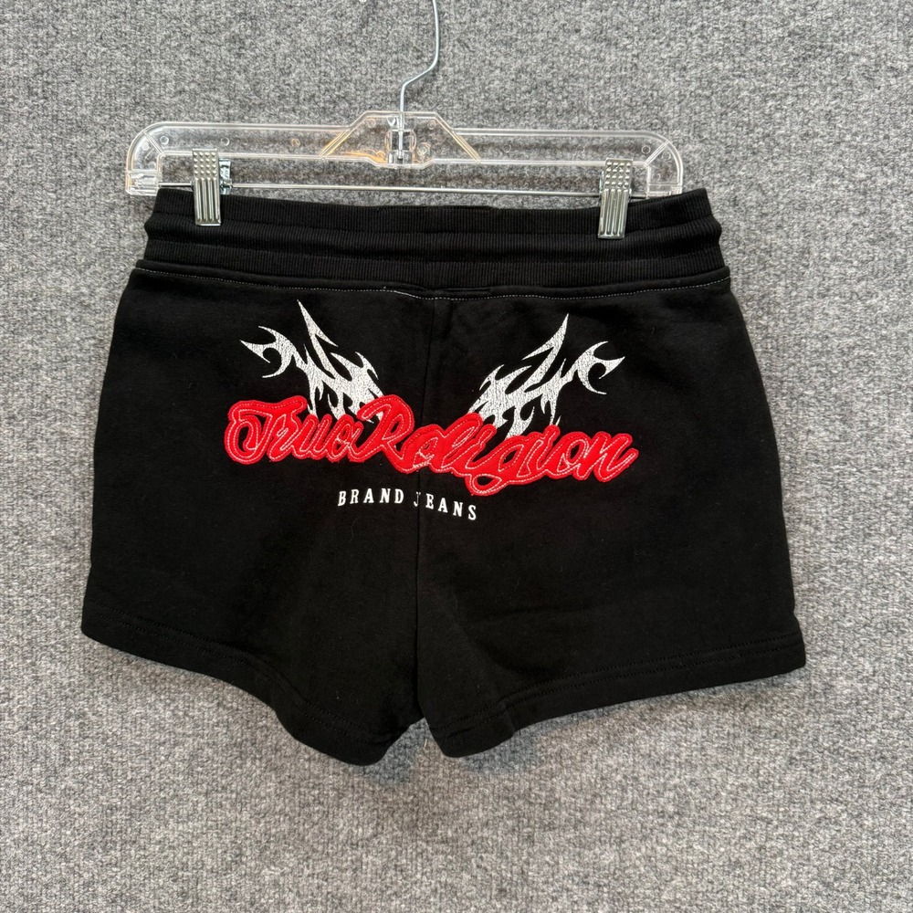 True Religion Sweat Shorts Womens XS Black Flame Graphic Y2K Lounge Gym Casual - Picture 1 of 10